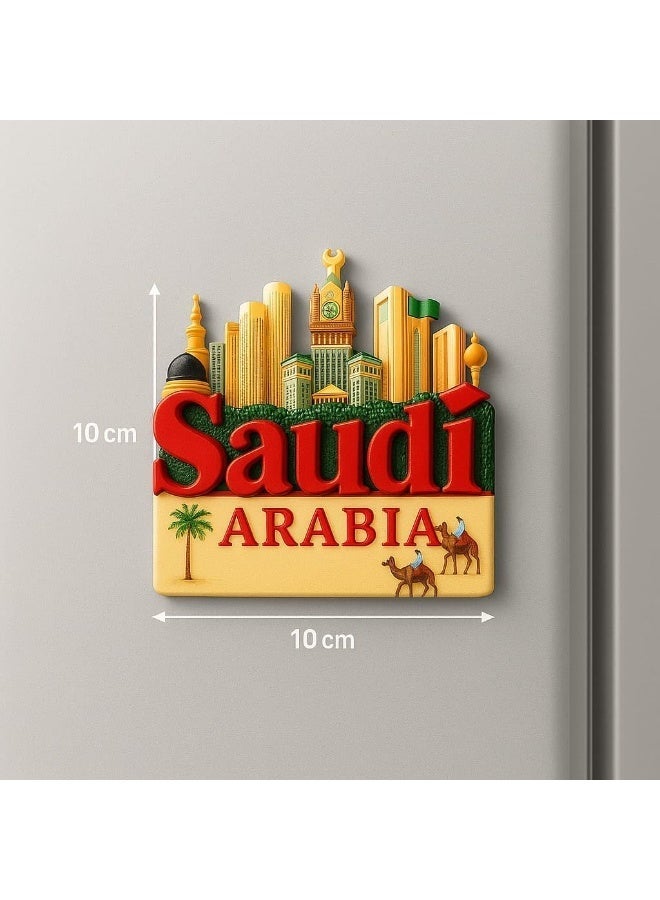 هدايا تذكارية عربية مغناطيس ثلاجة سيراميك المملكة العربية السعودية – تصميم مجسم لأفق مكة المكرمة وبرج الساعة، مع الجمل والنخلة، هدية تذكارية فاخرة من السعودية للديكور والسفر - Image 3